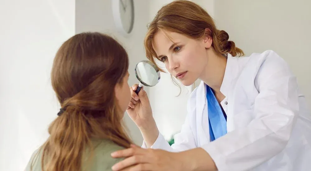 Dermatologist examining a girl's skin with a magnifier