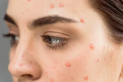 close up of woman with pimples on face isolated on grey - How Long Does Cystic Acne Last? A Simple Guide