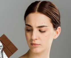 upset young brunette woman with acne on face lookig a chocolate - Does Chocolate Cause Acne? A Complete Guide - Palm Beach Dermatology Group