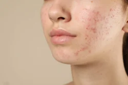 teenage girl with acne problem beige background closeup - Does Smoking Weed Cause Acne? A Simple Guide - Palm Beach Dermatology Beach