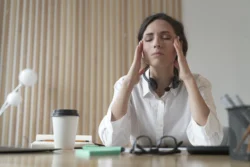 frustrated woman with closed eyes massagin - Does Stress Cause Acne? Signs, Tips & Myths - Palm Beach Dermatology Group