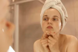 indoor shoot young adult beautiful woman wearing bath towel standing -bathroom-looking-squeezing-acne-chin-mirror-reflection-beauty-procedures - Does Sugar Cause Acne? Causes, Myths, and Clear Skin Tips - Palm Beach Dermatology Group