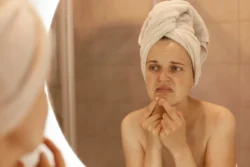 sad-unhappy-young-adult-woman-wearing-bath-towel-squeezing-acne-chin-mirror-reflection female with pimples her face skin problems skin care - Can Tretinoin Cause Acne? A Simple Guide - Palm Beach Dermatology Group