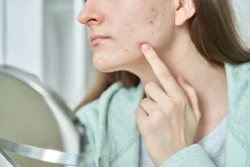 woman touches face with skin imperfections indoors - How to Treat Hormonal Acne? A Complete Step by Step Guide - Palm Beach Dermatology Group