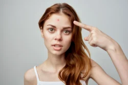 young woman points to blemish on forehead - Do Pimple Patches Work on Blackheads?