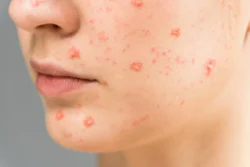 close up of woman with papule on face