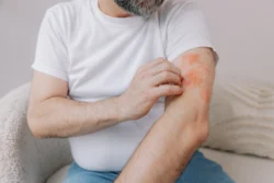 man itching arm with red skin irritation - How Long Does Eczema Last? Duration, Flares, and Recovery