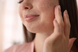 close up of a woman touching her freckled face
