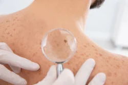 skin examination usign magnifying glass in office