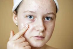 teen applying cream to face in close up